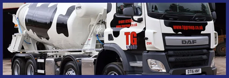 Front of a cow-patterned TG Concrete mixer truck