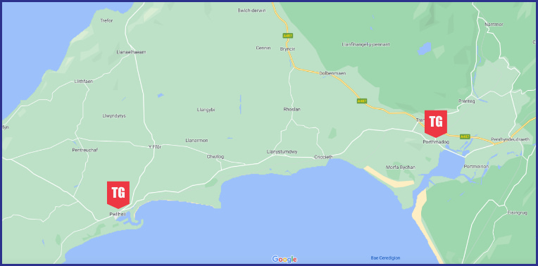 Map of the Llŷn Peninsula showing the Porthmadog and Pwllheli plants